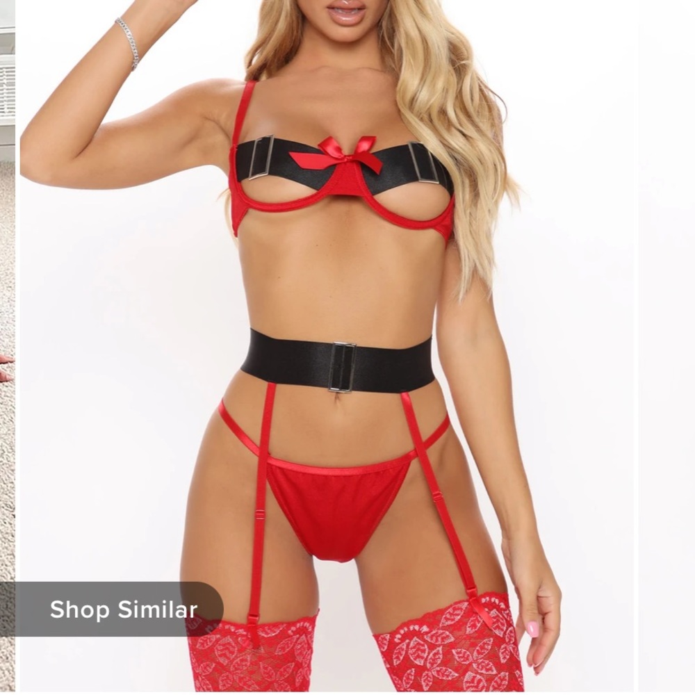 Fashion Nova Red and Black Peekaboo Bra Garter Panty Set